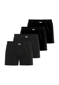 Vier Paare Herrenboxershorts, zwei einfarbig schwarz und zwei schwarz mit dünnem weißen Gittermuster, auf einem weißen Hintergrund in überlappenden Reihen angeordnet.