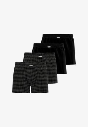 Vier Paare Herrenboxershorts, zwei einfarbig schwarz und zwei schwarz mit dünnem weißen Gittermuster, auf einem weißen Hintergrund in überlappenden Reihen angeordnet.