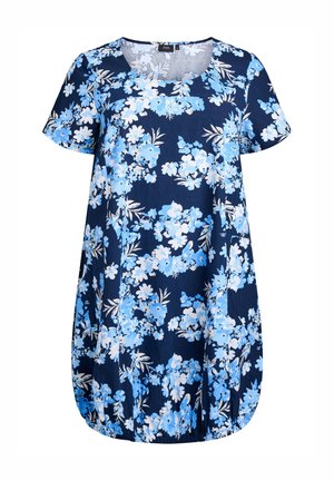 Floral dress with a navy background and blue and white floral pattern. Features short sleeves, a round neckline, and curved hem.