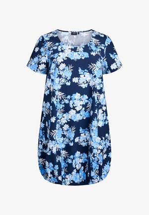Cvjetna haljina s tamnoplavom pozadinom i plavim i bijelim cvjetnim uzorkom. Ima kratke rukave, okrugli izrez i zakrivljeni rub.