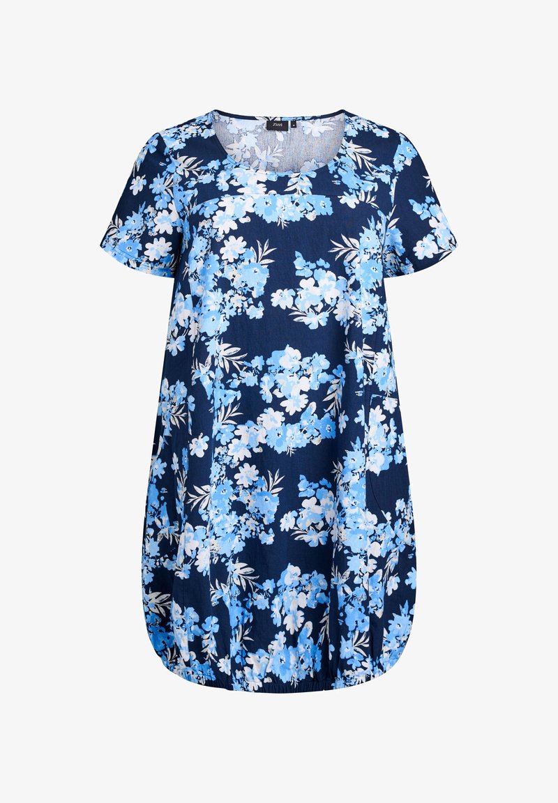 Kwiatowa sukienka na granatowym tle z niebieskim i białym wzorem kwiatowym. Posiada krótkie rękawy, okrągły dekolt i zaokrąglony dół.