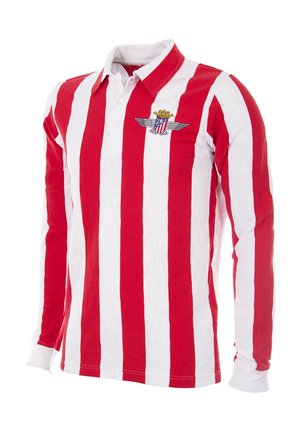 Langarm poloshirt met rood-witte verticale strepen, voorzien van een kraag en een patch met vleugels en kronen op de borst.