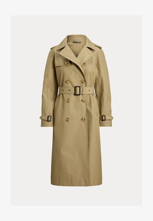 Trench coat clásico beige confeccionado en mezcla de algodón, con botones de doble botonadura, cintura ceñida con cinturón y hombreras.