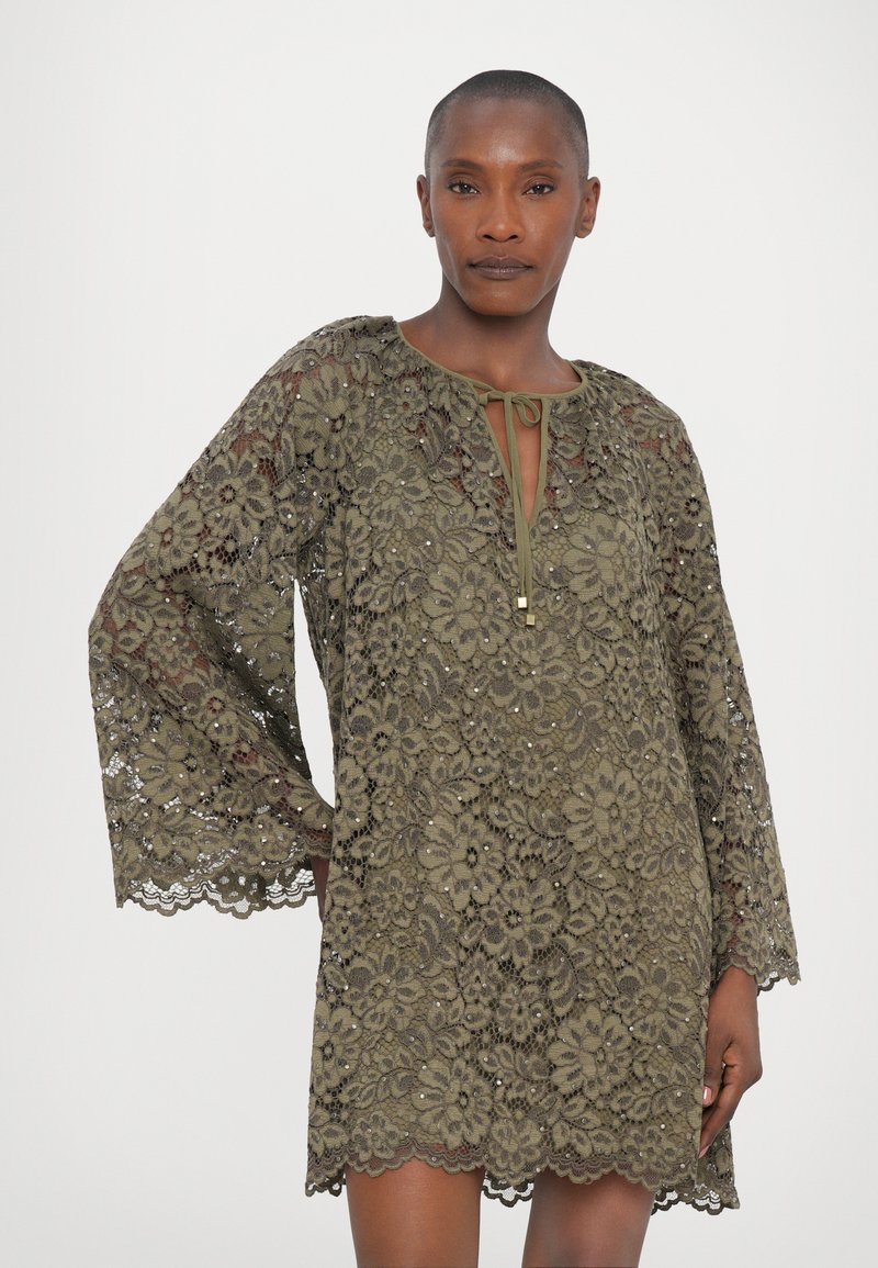 michael kors olive green dress Cape Sleeve Satin Midi Dress, SAFARI GREEN