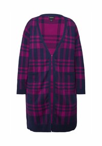 Lång, öppen cardigan i en mörk marinblå och fuchsia rutigt mönster, med två framfickor och trekvartslånga ärmar.