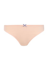 Pfirsichfarbene Bikini-Hose aus glattem Stoff, mit einer kleinen lila Schleifenverzierung an der Vorderseite. Minimalistisches Design und nahtlose Kanten.