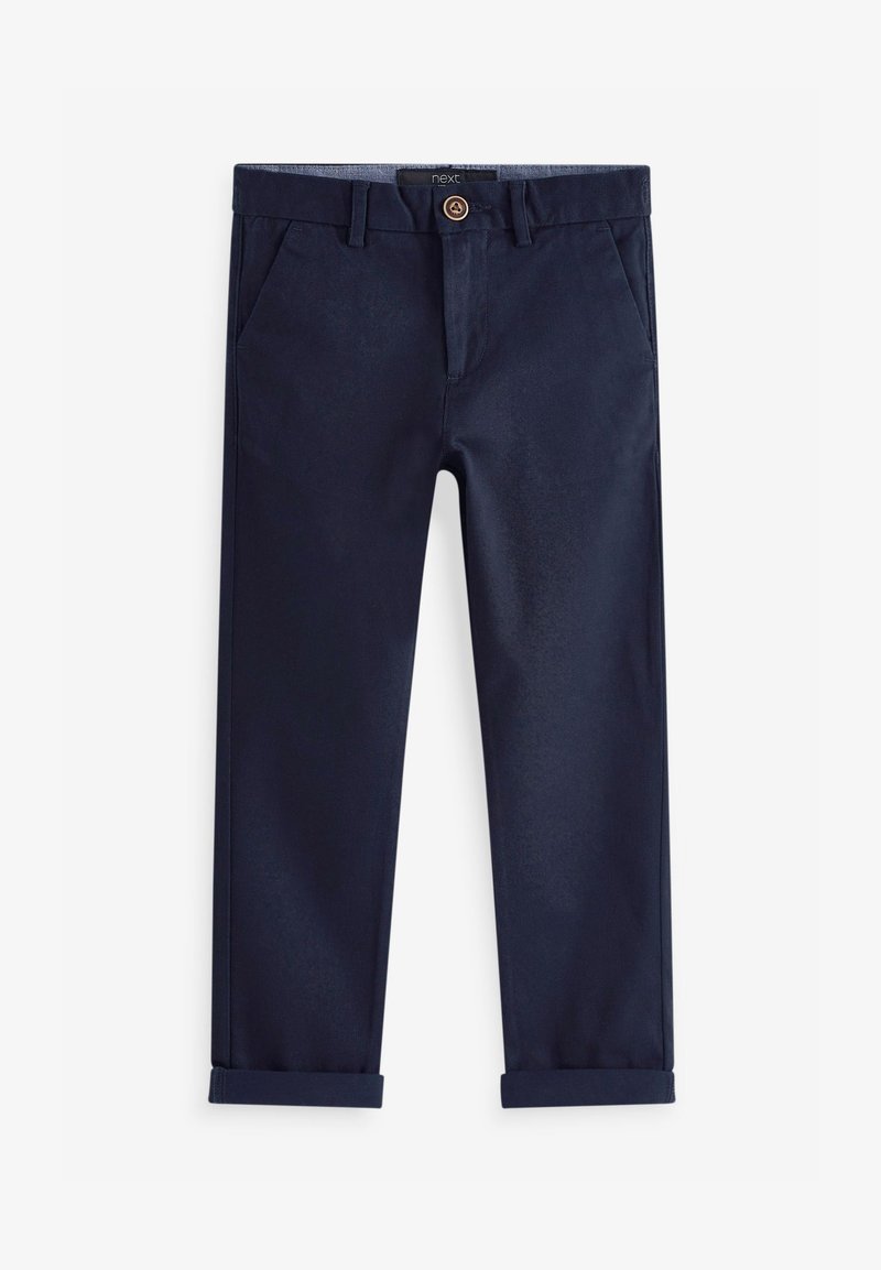 Marineblaue Hose aus einem Baumwoll-Mix-Gewebe, mit Vordertaschen, Gürtelschlaufen und umgeschlagenen Säumen für einen maßgeschneiderten Look.