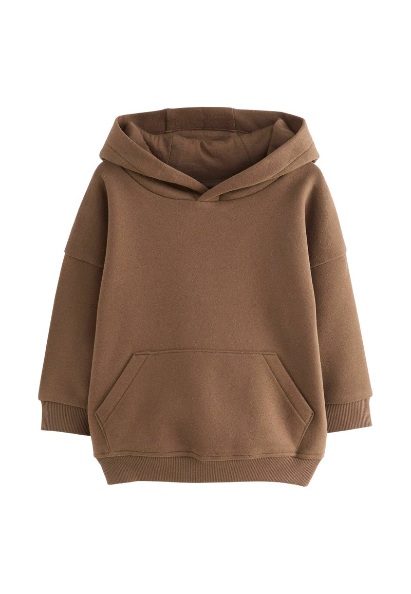 Pruun kapuutsiga dressipluus pikkade varrukatega, eesmine tasku ning ribaga mansetid ja alläär, esitatud valgel taustal.