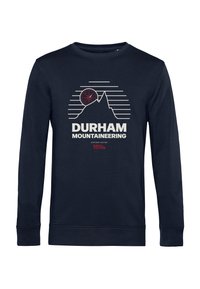 Granatowa, długorękawowa bluza z wycięciem w kształcie góry, grafiką kompasu oraz napisem "Durham Mountaineering" z przodu.