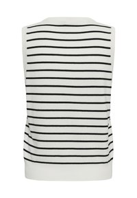 Pull blanc sans manches avec des rayures horizontales noires uniformément réparties sur le tissu, avec un col rond simple.