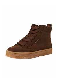 Zapatilla alta marrón hecha de ante con una suela de goma texturizada, que presenta cordones redondos y un forro de tela en contraste en el collar.