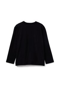 Černé tričko s dlouhým rukávem a kulatým výstřihem, zobrazené zezadu na bílém pozadí.