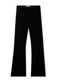 Pantaloni a campana in velluto nero con una texture liscia, gamba ampia e vita alta. Caratterizzati da un design minimalista senza hardware visibile.