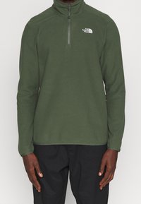 Grüner Fleece-Pullover mit halbem Reißverschluss und langen Ärmeln. Mit kleinem weißem Logo auf der linken Brust. Glatte Textur.