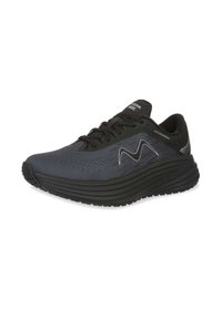 Black and gray athletic shoe with a textured mesh upper, padded collar, lace-up design, and a thick, ridged sole for cushioning.
