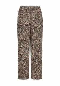Kalhoty s květinovým potiskem na černém pozadí se malými růžovými, bílými a žlutými květy. Elastický pas, široké nohavice, lehká tkanina.