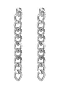 Orecchini in metallo tono argento con un lungo design a catena e anelli ovali, finitura lucida e chiusura posteriore sicura.