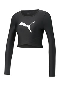 Schwarzes Langarm-Crop-Top aus glattem Stoff mit einem kontrastierenden weißen Logo eines springenden Katers auf der Vorderseite. Hat ein tailliertes Design.