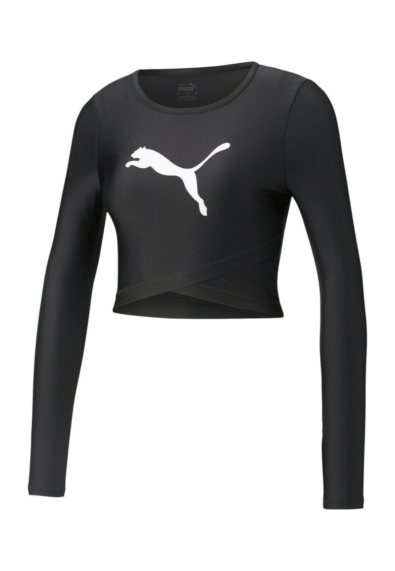 Schwarzes Langarm-Crop-Top aus glattem Stoff mit einem kontrastierenden weißen Logo eines springenden Katers auf der Vorderseite. Hat ein tailliertes Design.