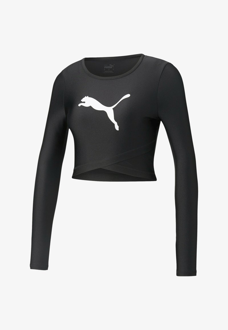 Black long-sleeve crop top made of smooth fabric with a contrasting white logo of a leaping cat on the front. Features a fitted design.