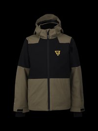 Chaqueta de nieve con un diseño bicolor en negro y verde oliva. El material es suave, con cierre de cremallera en la parte delantera, capucha ajustable y detalle del logotipo.