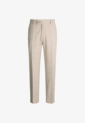Beige op maat gemaakte broek met voorplooi, knoopsluiting in de taille en riemlussen, gemaakt van gestructureerde stof.