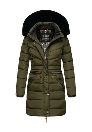 Padded parka coat in dark olive green with a fur-lined black hood, zipper and snap closures, and two front pockets. Metallic accents add detail.