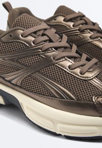 Nahaufnahme von braunen Sportschuhen mit Mesh-Gewebe, synthetischen Verstärkungen, beige gepolsterter Sohle und passenden braunen Schnürsenkeln.