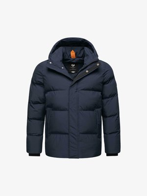 Giacca puffer blu navy con cappuccio; dotata di chiusura a zip, due tasche frontali e polsini a costine; superficie liscia, design minimale.