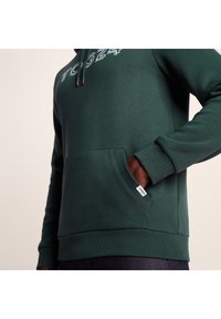Green hoodie made of soft fabric, featuring a front pocket, drawstrings, and "TOG24" logo in contrasting colors on the chest.
