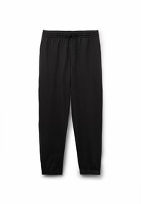 Pantalones deportivos negros con una cintura elástica y cordón ajustable, piernas ajustadas y puños elásticos en los tobillos.
