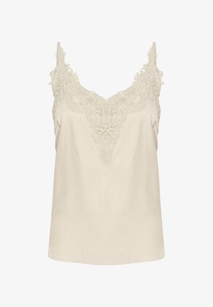 Beige top with adjustable spaghetti straps, featuring intricate lace detailing at the neckline and a smooth, lightweight fabric.