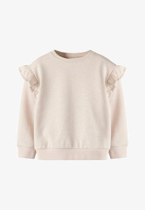 Lichtbeige sweatshirt met geruite accenten op de schouders, ronde hals, geribbelde manchetten en zoom. Zachte textuur en casual ontwerp.