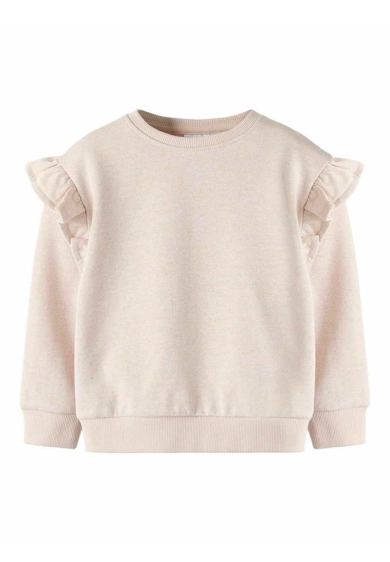 Lysebeige genser med rysjedetaljer på skuldrene, rund hals, ribbestrikkede mansjetter og kant. Myk tekstur og avslappet design.