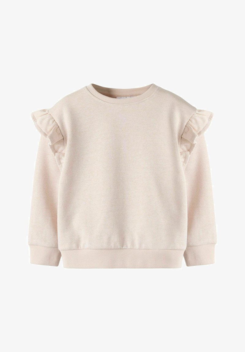 Jasnobeżowa bluza z falbankami na ramionach, okrągłym dekoltem, ściągaczami przy mankietach i dolnym brzegu. Miękka w dotyku i o casualowym designie.