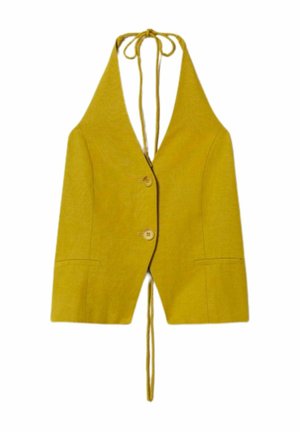 Gilet giallo senape senza maniche con due bottoni frontali, legaccio a collo halter e due piccole tasche frontali.