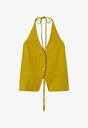 Gilet giallo senape senza maniche con due bottoni frontali, legaccio a collo halter e due piccole tasche frontali.
