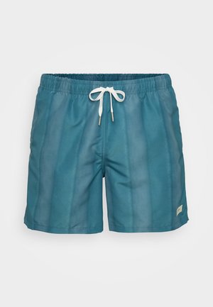 Pantaloni de baie turcoaz cu un talie elastică și șnur alb. Textură netedă cu dungi verticale subtile și o etichetă mică pe lateral.