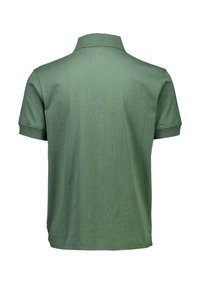 Polo met korte mouwen in donker groen, voorzien van verticale strepen, een kraag en een rechte zoom. Gemaakt van een gladde katoenmengselstof.