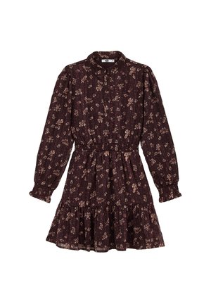 Dunkelbraunes Kleid mit langen Ärmeln, kleinem beigem Blumenmuster, vorne mit Knöpfen, geraffter Taille und Rüschensaum.