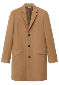Brun uldblandingsfrakke med spids krave, enkelt knaplukning, fire sorte knapper og to skrå forlommer.
