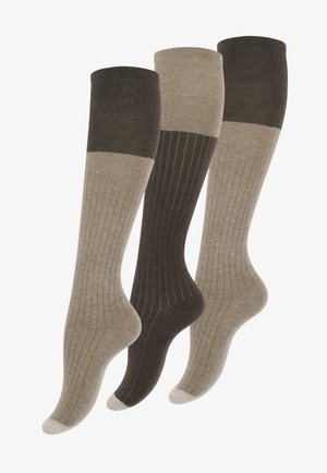 Beige und dunkelbraune kniehohe Socken mit gerippter Textur und kontrastierenden farbigen Bündchen. Jedes Paar verfügt über eine verstärkte Zehenpartie.