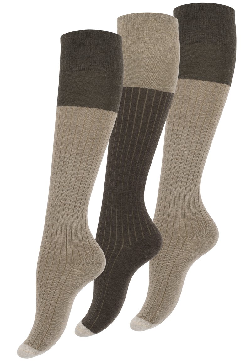 Calze al ginocchio in beige e marrone scuro con texture a coste e punte colorate a contrasto. Ogni paio presenta una punta rinforzata.