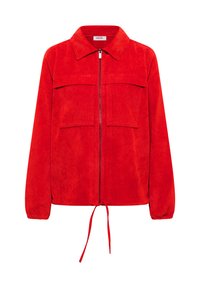 Červená manšestrová bunda s límcem, předním zipem a dvěma náprsními kapsami. Má elastické manžety a stahovací šňůrku na spodním lemu.