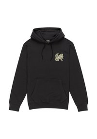 Hoodie noir en coton, avec une poche avant, une capuche à cordon et un petit motif graphique vert clair sur la poitrine.