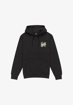 Svart hoodtröja i bomull, med framficka, dragsko i huvan och en liten grafisk design i ljusgrön på bröstet.