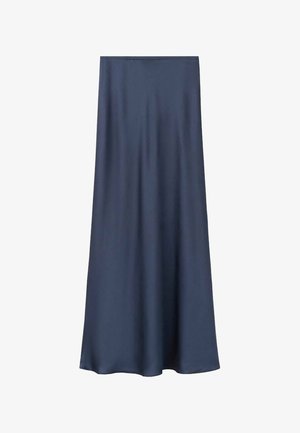 Dark blue satin maxi skirt featuring a smooth, flowing design and a straight cut. No visible patterns or hardware details.