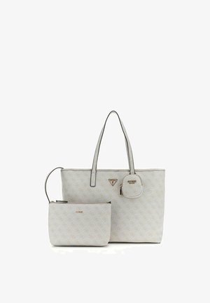 White Guess tote bag with matching small pouch and coin purse, featuring subtle logo pattern and gold-tone hardware accents.