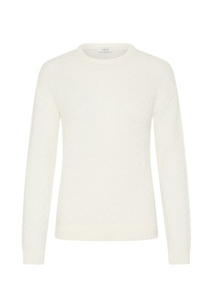White knitted long-sleeve crewneck sweater with subtle diamond pattern and ribbed cuffs and hem.