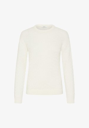 Witte gebreide lange mouwen crewneck trui met subtiel ruitpatroon en ribgebreide manchetten en onderrand.
